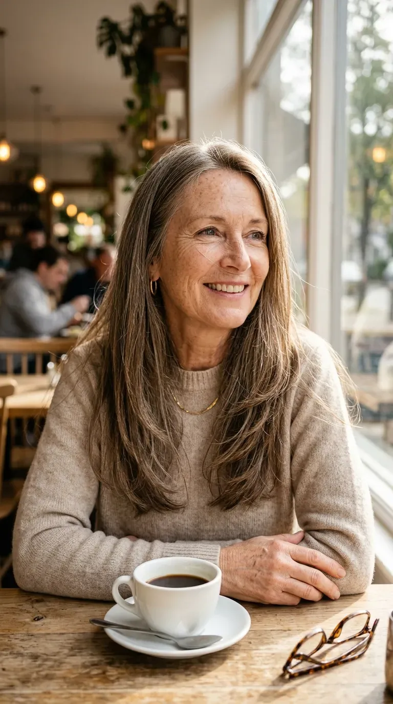 Woman over 60 with long hair cut in long layers with minimal graduation for density