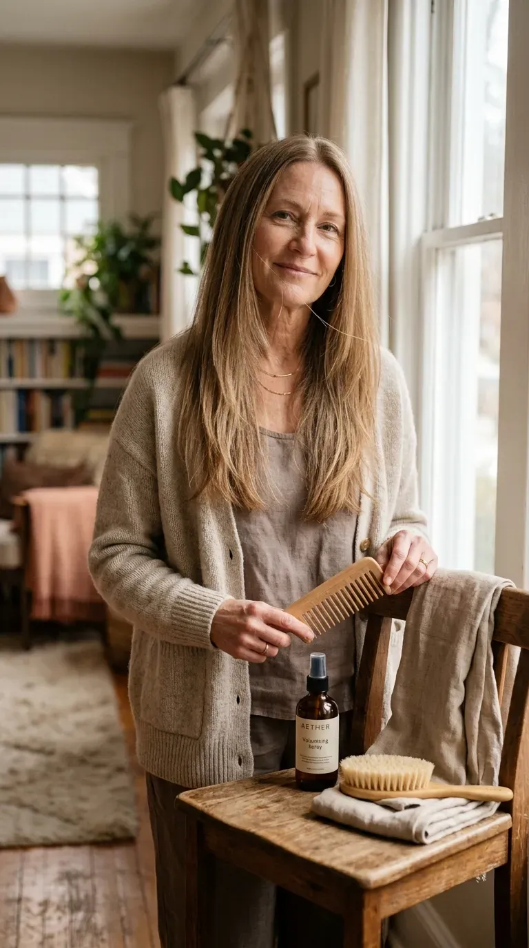 Mature woman with long thin hair styled in long layers that keep visible density and movement