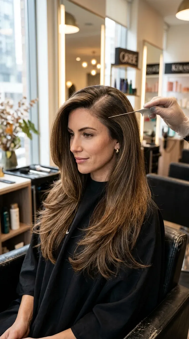 Woman over 50 with long layered hair styled with a root-concealing deep side part