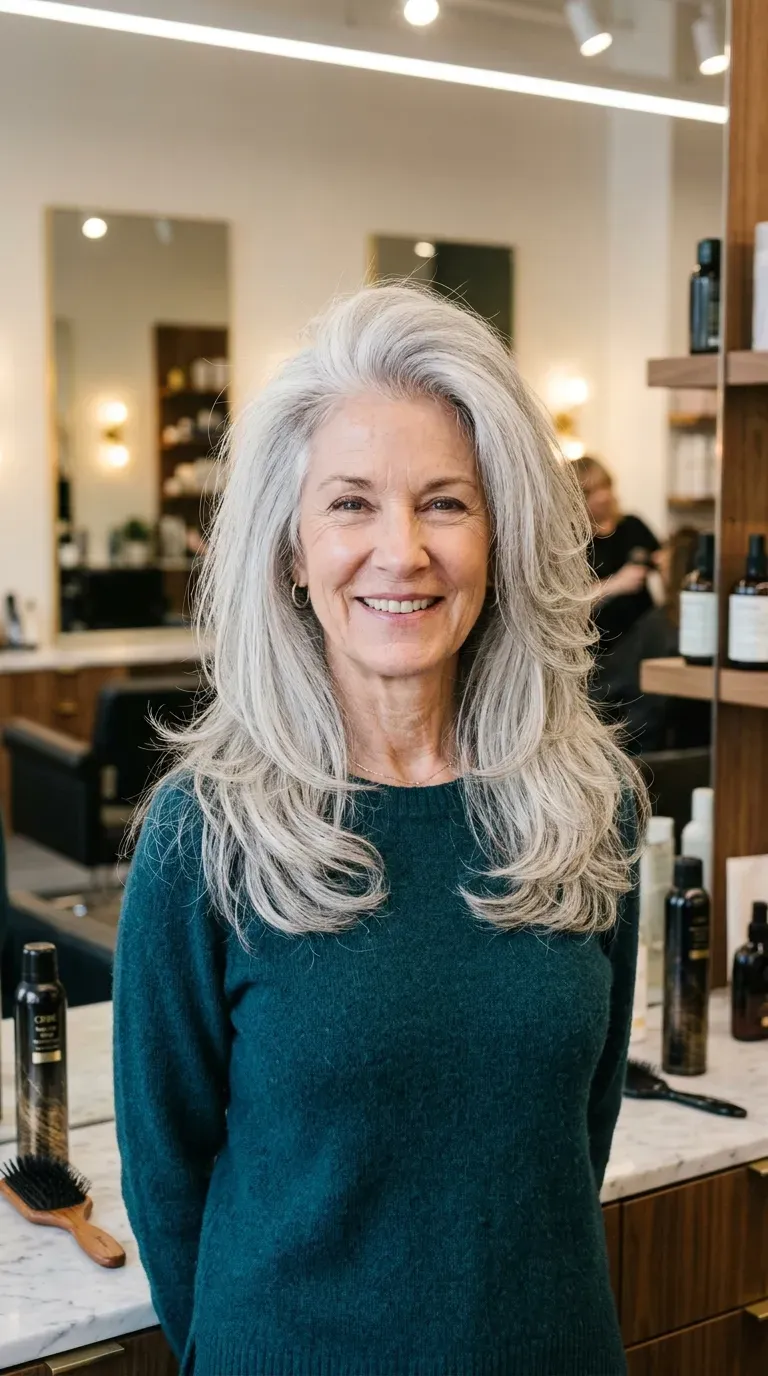Older woman with long layered hair showing lifted roots and full crown volume