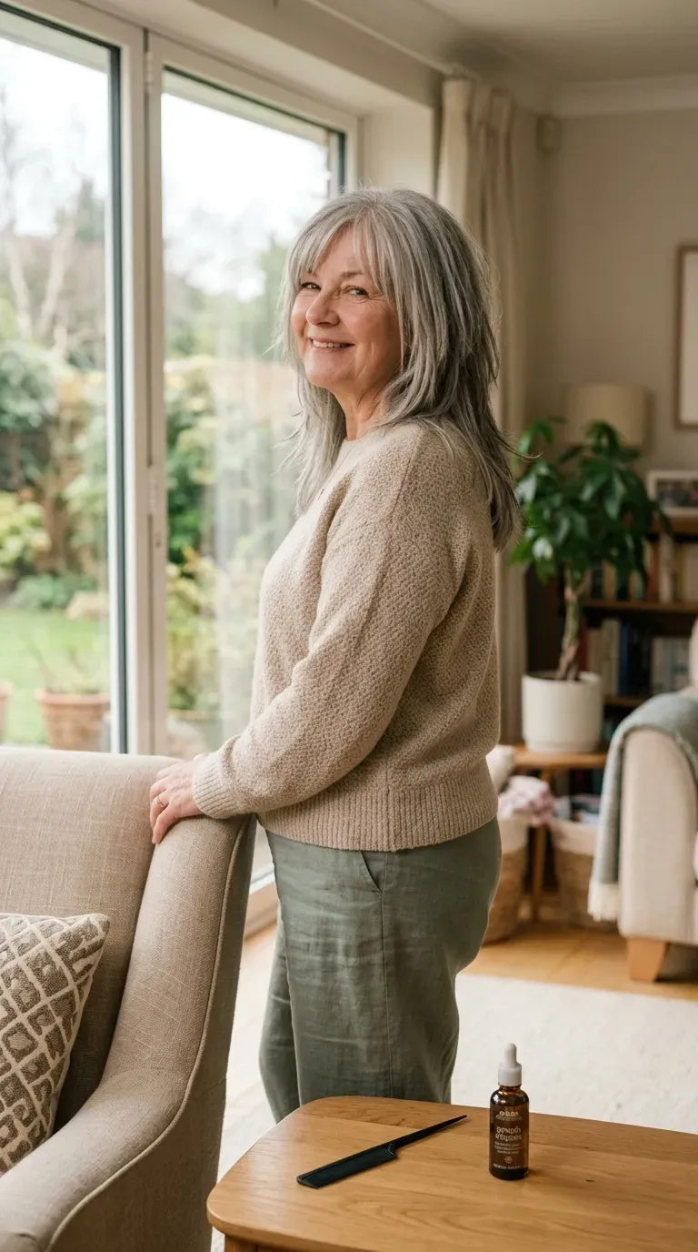 Woman over 60 with a round face shape wearing long vertical layers that elongate her profile