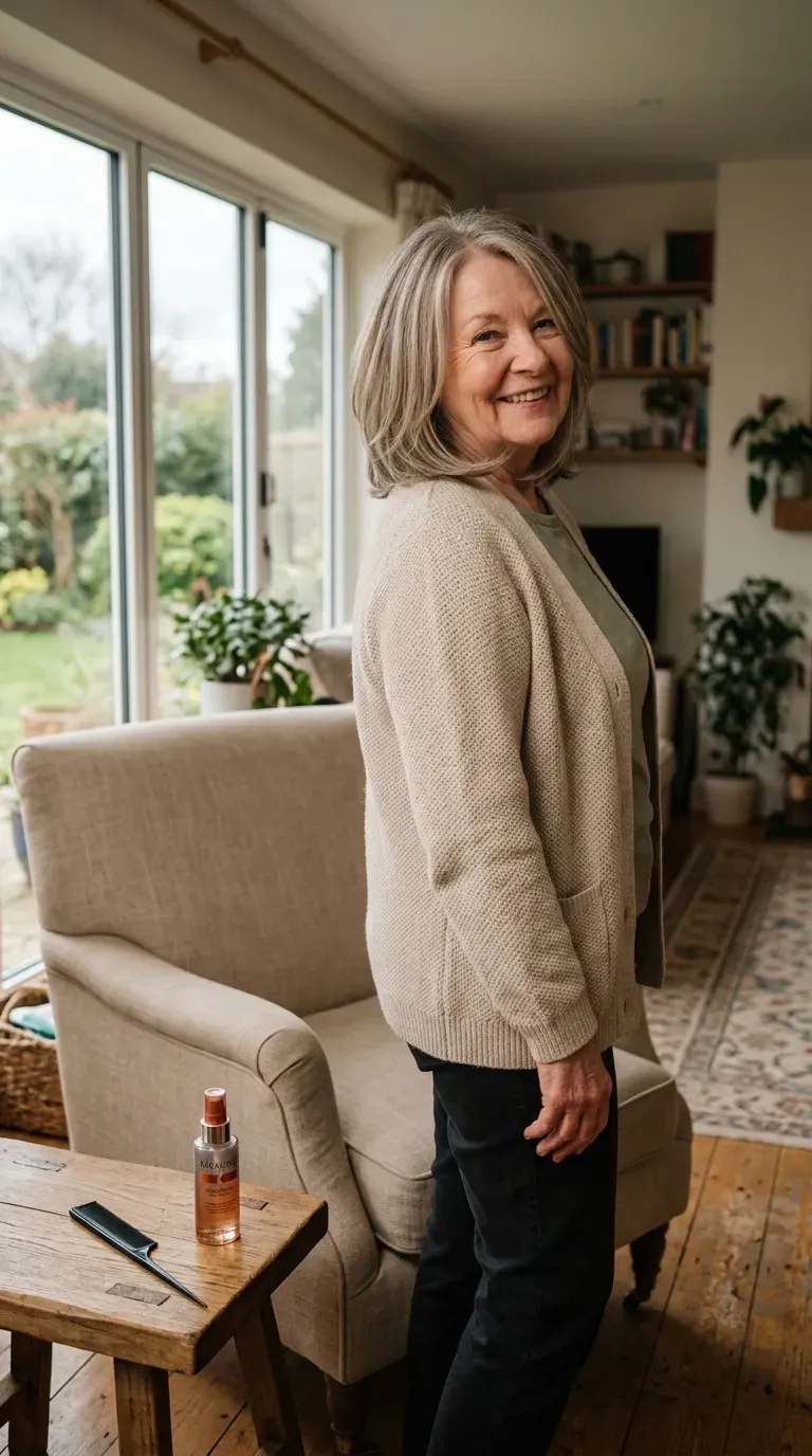 Woman over 70 with a round face shape wearing long vertical layers that elongate her profile
