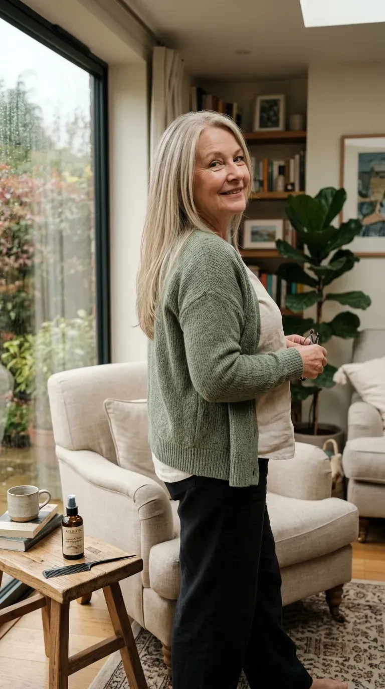 Woman over 60 with a round face shape wearing long vertical layers that elongate her profile