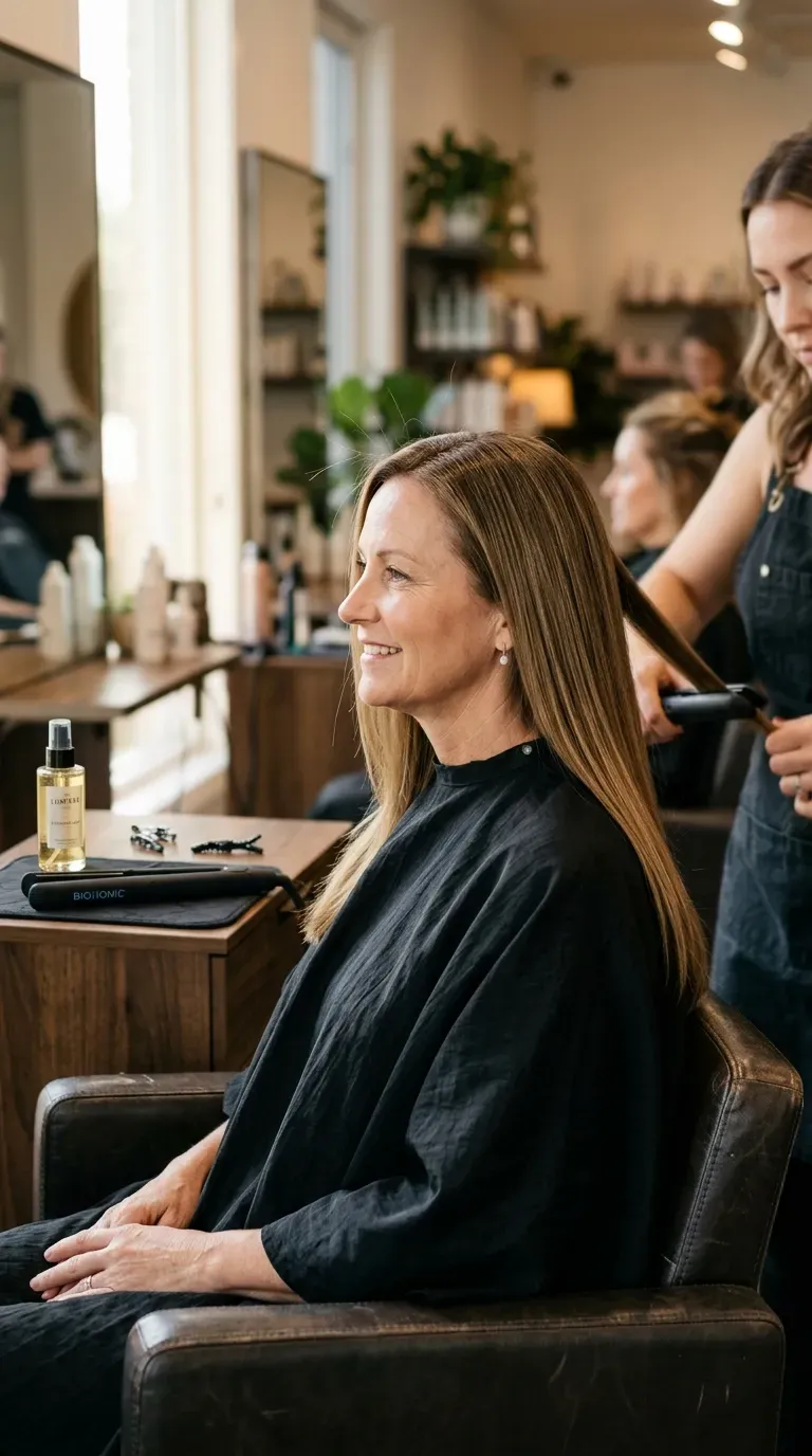 Woman over 50 with long layered hair styled into a sleek straight finish