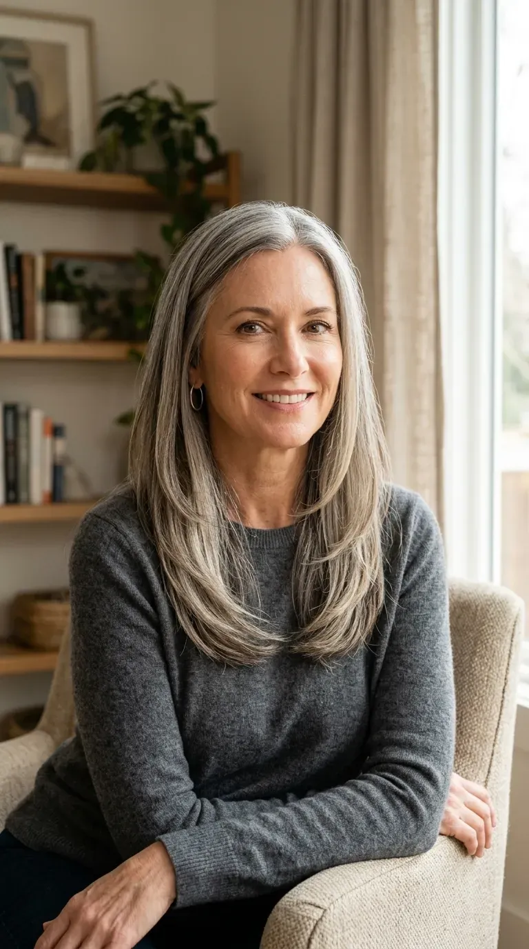 Woman with gray-blended long layered hair showing soft transitional highlights