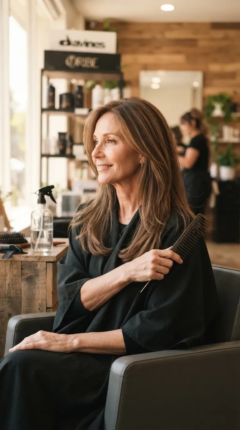Woman over 50 with long soft layered hair falling past her shoulders in a salon
