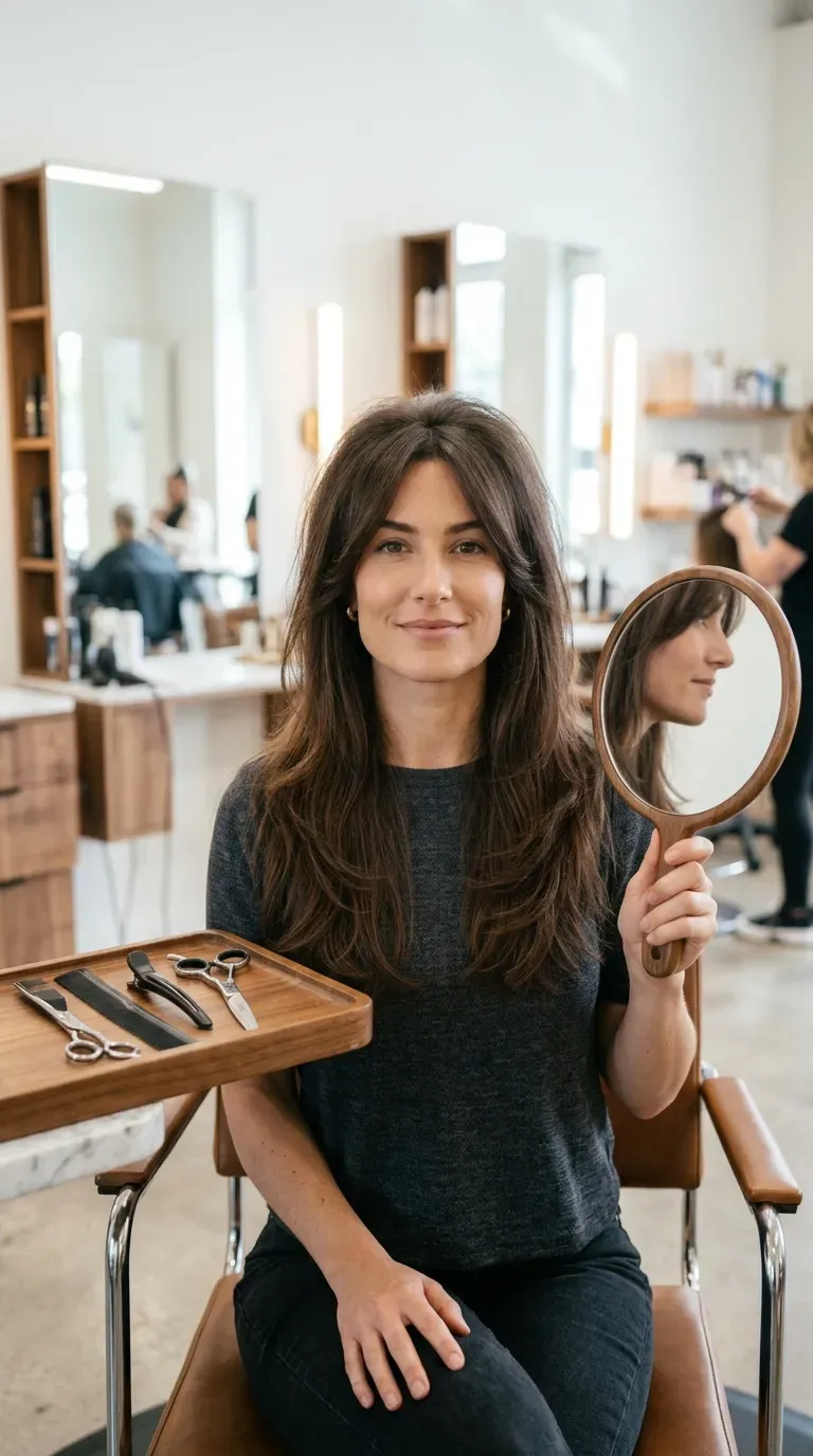 Woman over 50 with square face shape wearing voluminous long layers softened at jaw