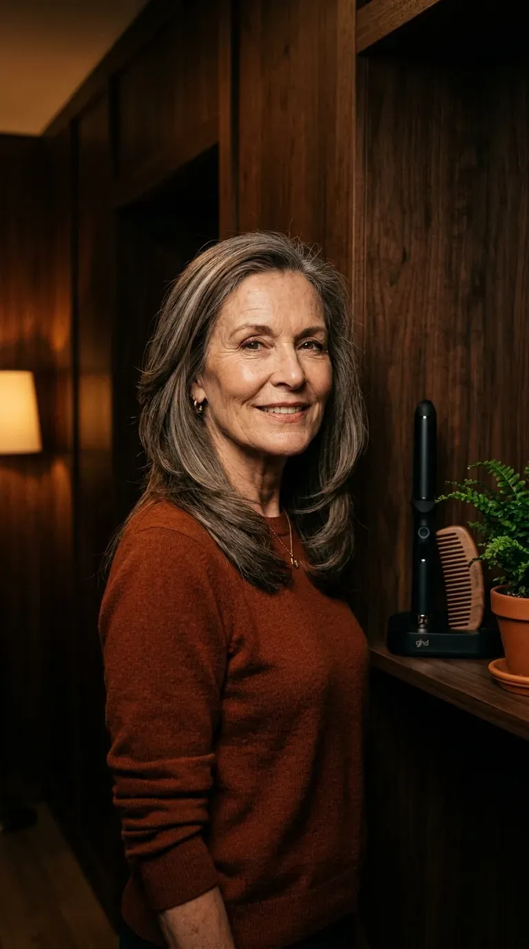 Woman over 60 with a strong jawline wearing long diagonal layers that soften angular features