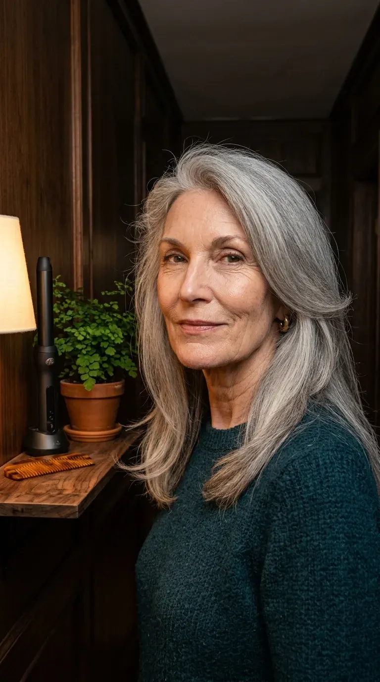 Woman over 70 with a strong jawline wearing long diagonal layers that soften angular features