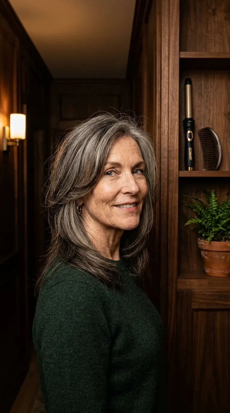 Woman over 60 with a strong jawline wearing long diagonal layers that soften angular features