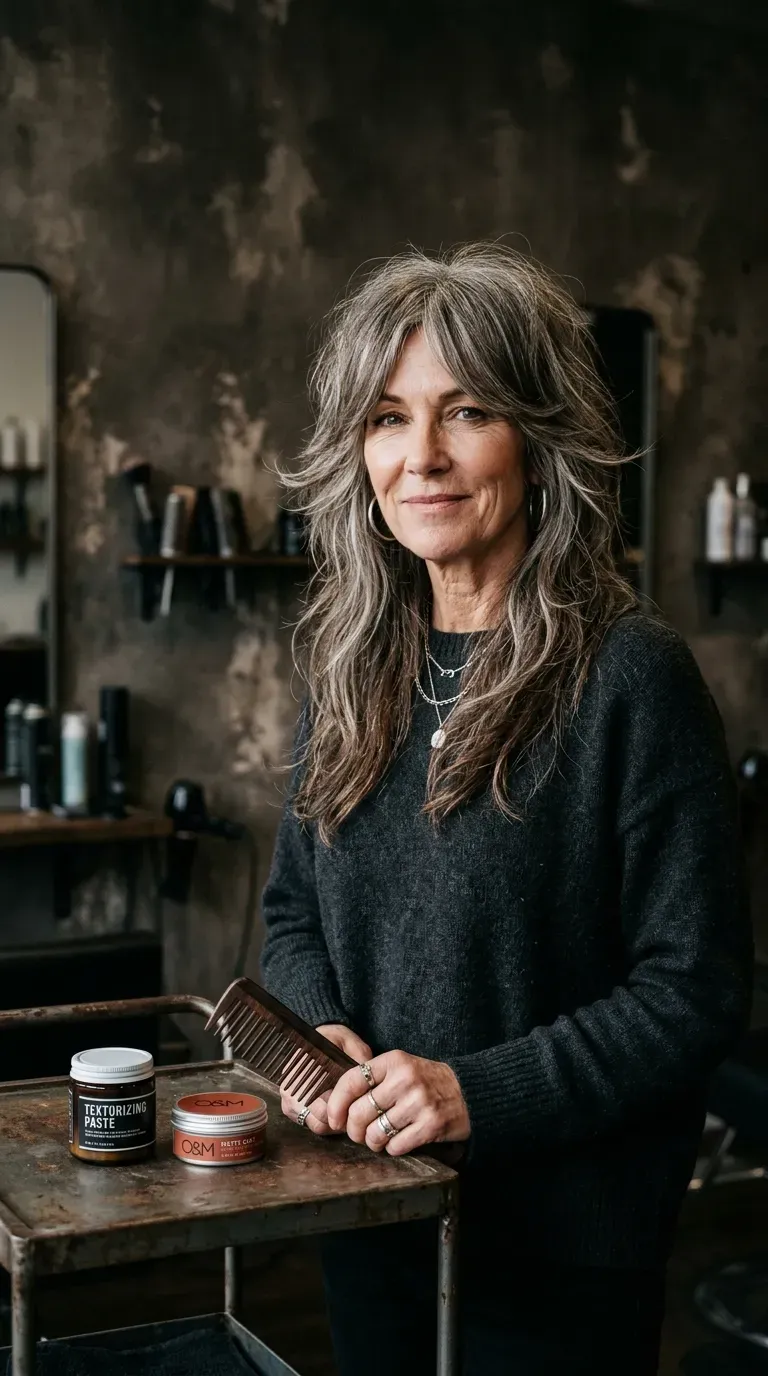 Woman over 50 with long layered hair featuring a subtle shag-inspired texture