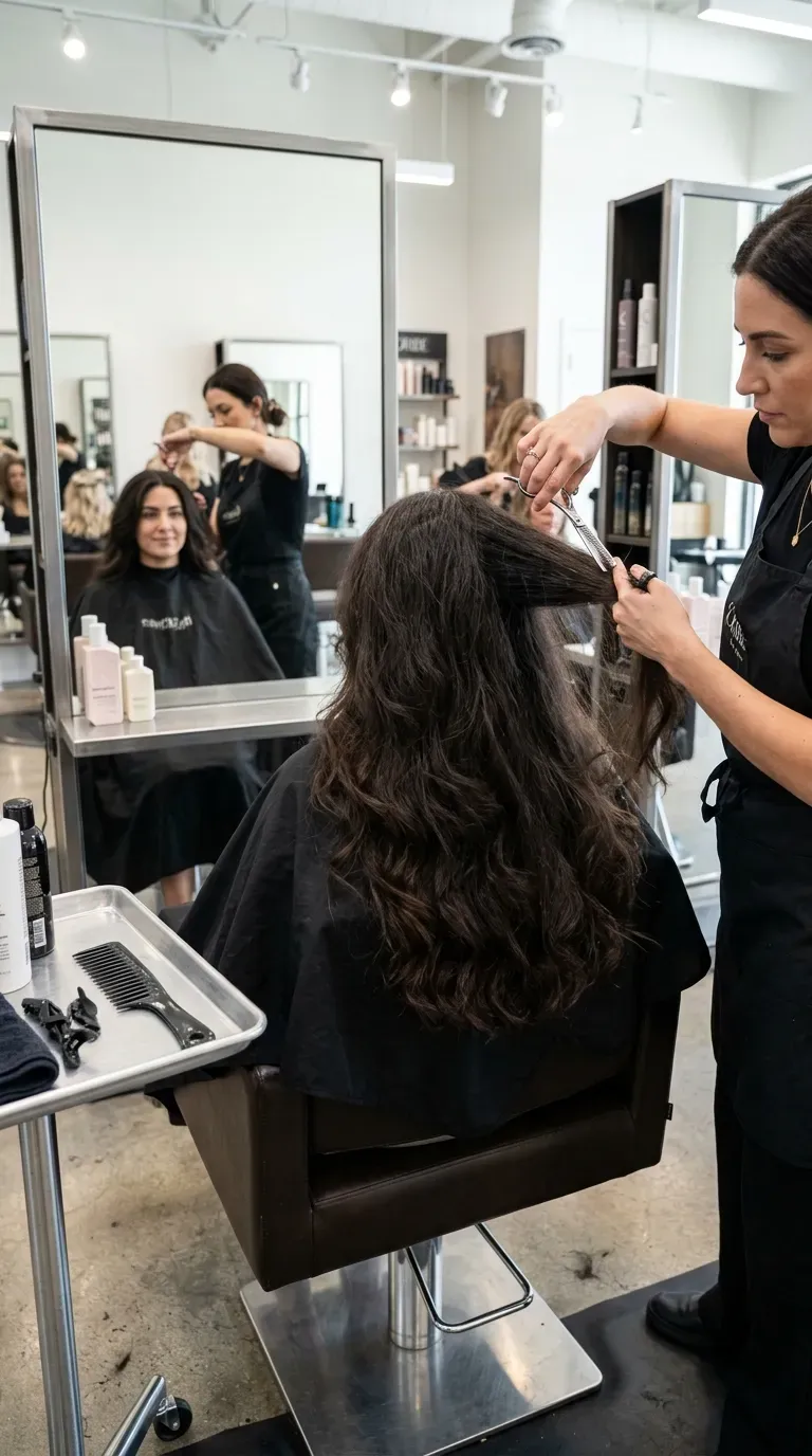 Woman over 50 with thick hair cut into long layers without sacrificing volume