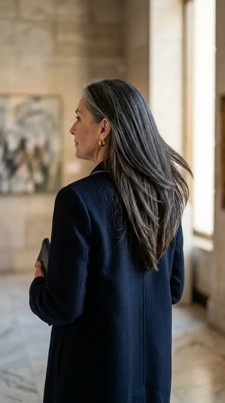 Woman over 60 with long layered hair cut into a dramatic V-shape at the back