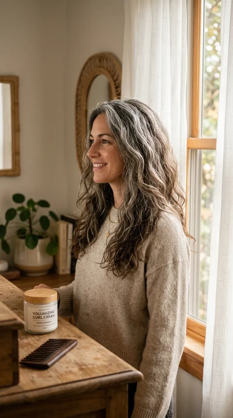 Woman over 50 with naturally wavy hair cut into long layers for extra body