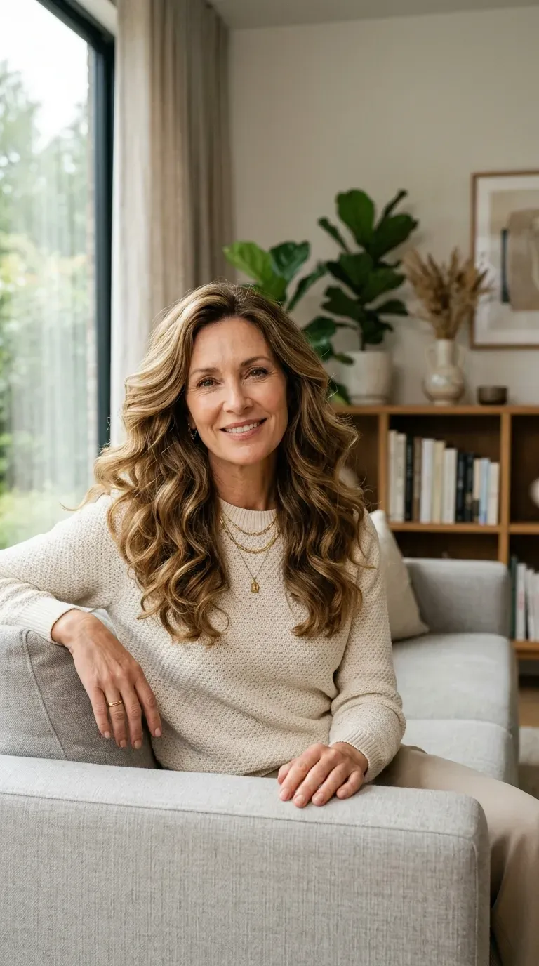 Mature woman with long layered hair styled in loose waves using a wide-barrel curling wand