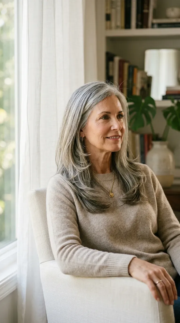 Mature woman with long face-framing layered hair flowing past her shoulders