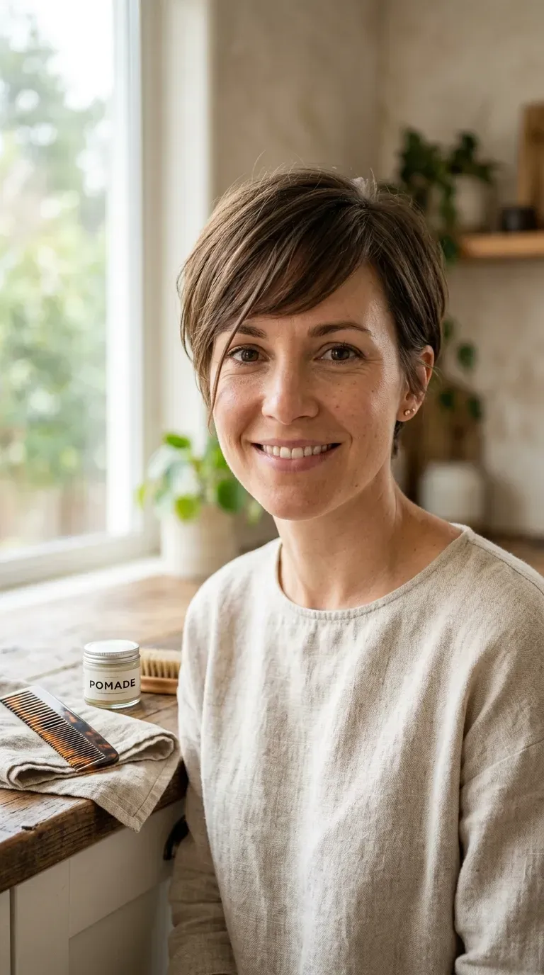 Woman with a long pixie cut and a soft side-swept fringe grazing the brow