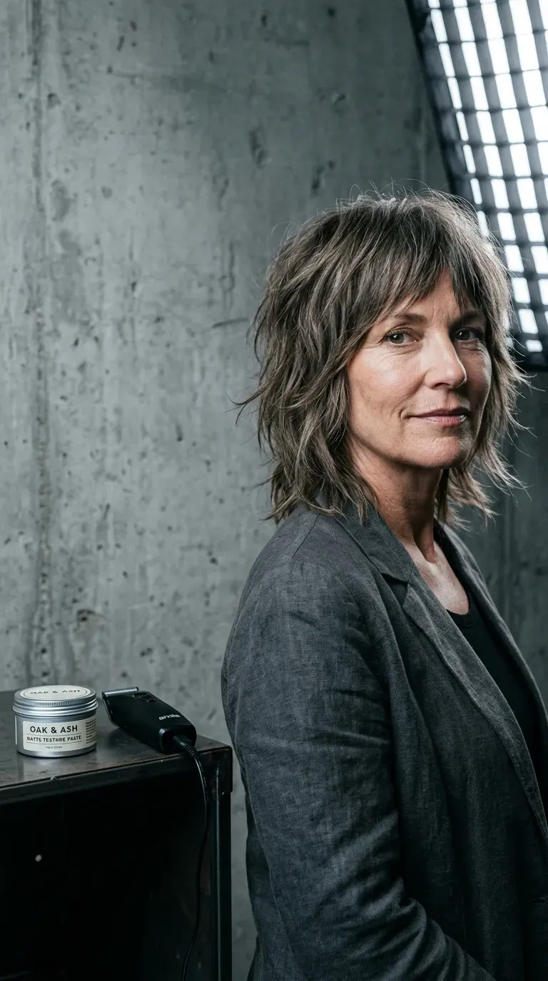 Mature woman with a long shag haircut featuring piecey, disconnected layers throughout