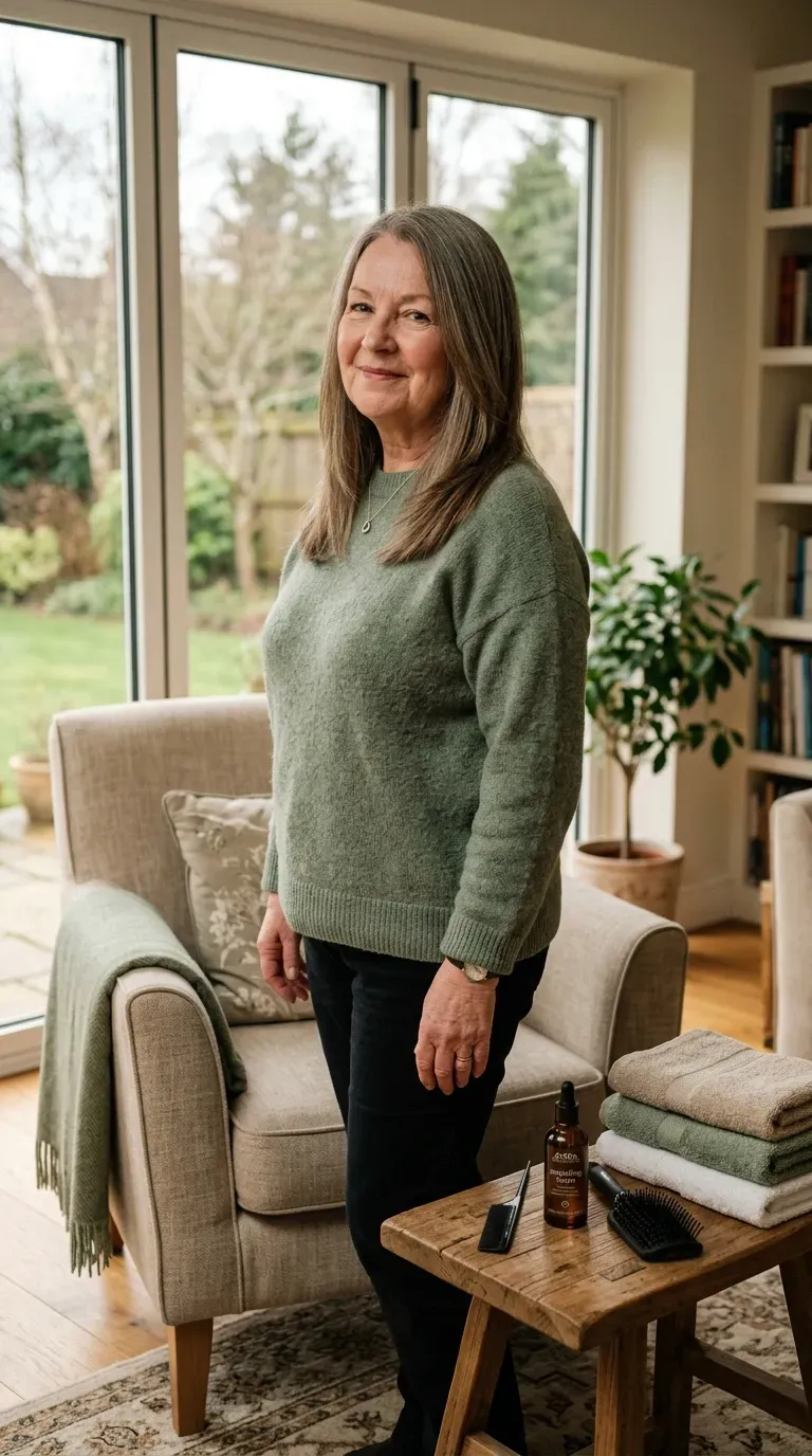 Woman over 60 with a round face wearing long vertical front layers that lengthen her profile