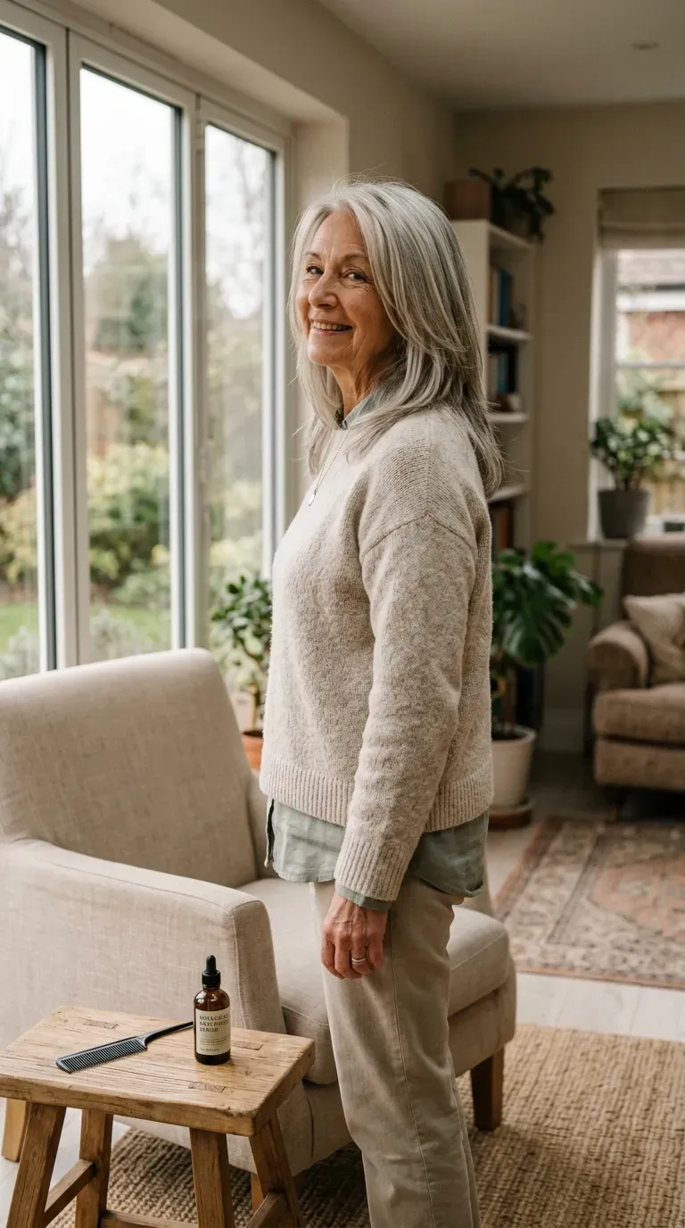 Woman over 70 with a round face shape wearing long vertical layers that elongate her profile