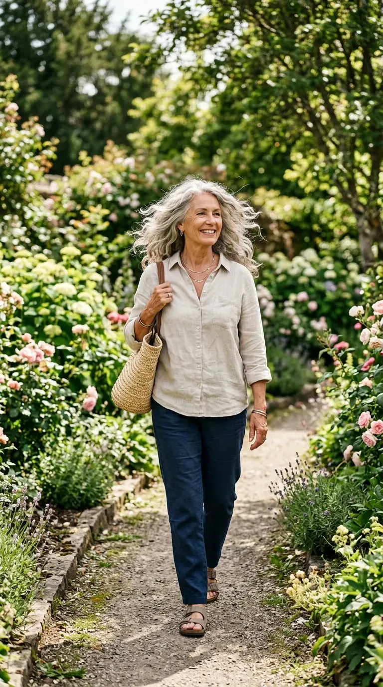 Older woman with long wavy layered hair showing natural bounce and texture