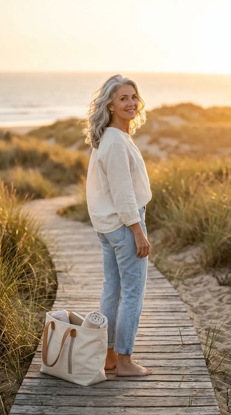 Woman over 60 with loose tousled waves styled on medium length hair