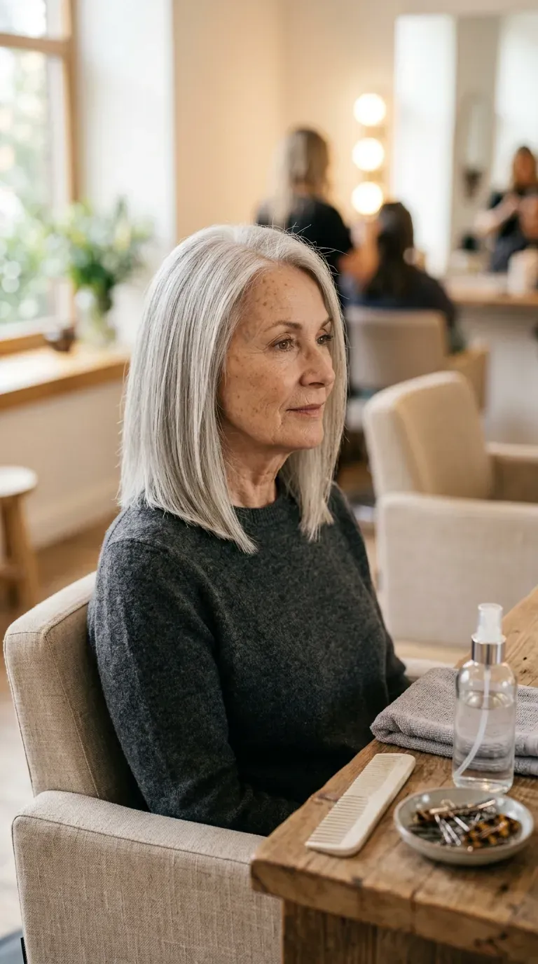 Woman over 60 with thin silver hair cut in low-elevation layers with blunt ends