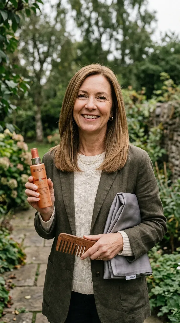 Woman over 50 with low-maintenance straight layered hair styled to resist frizz