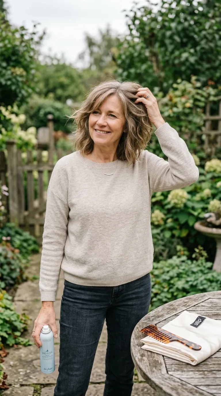Woman over 50 running fingers through easy low-maintenance grow-out-friendly front layers
