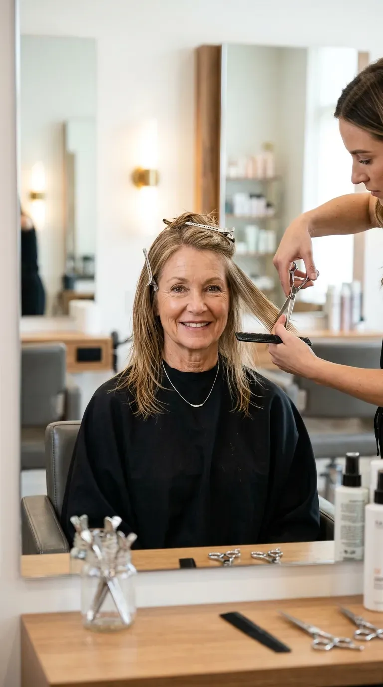 Woman over 50 running fingers through low-maintenance layered fine hair that still looks full