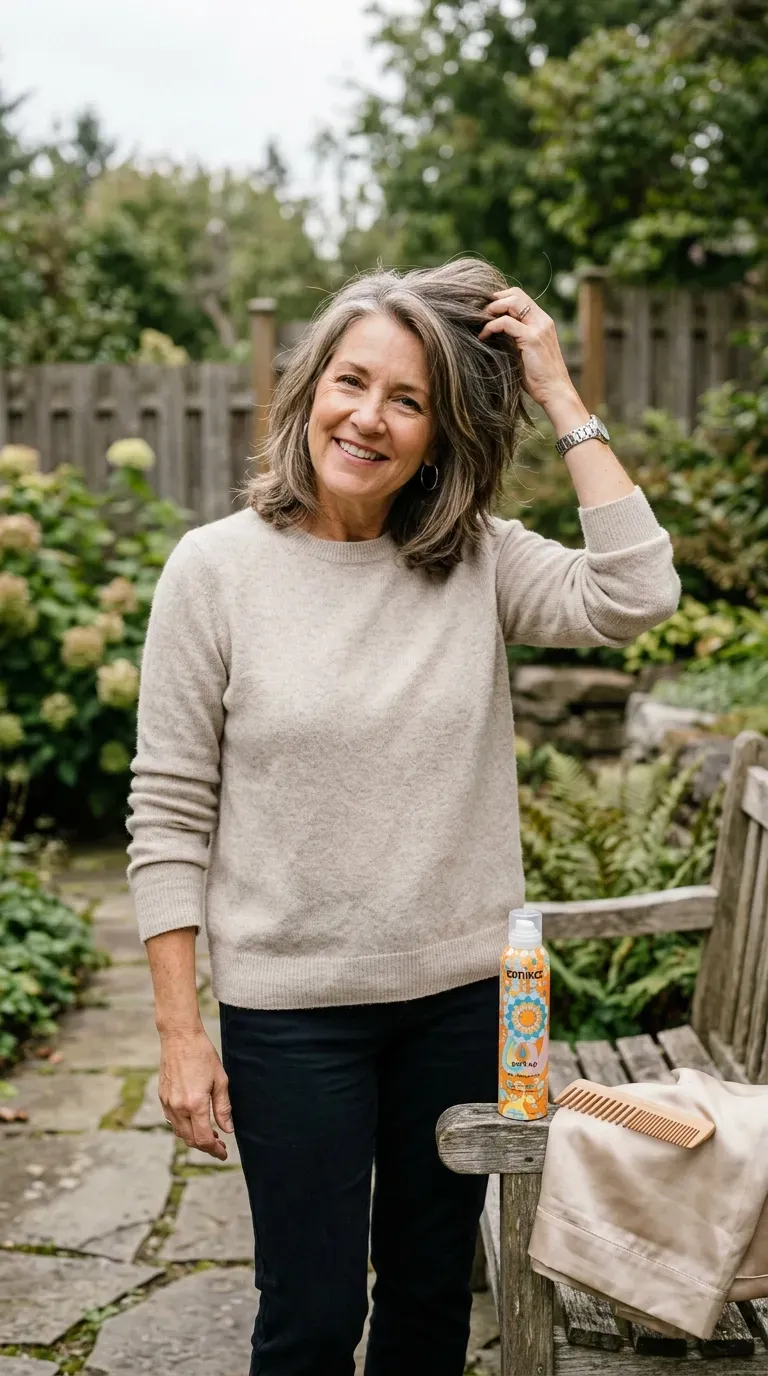 Woman over 50 running fingers through easy low-maintenance grow-out-friendly layered hair