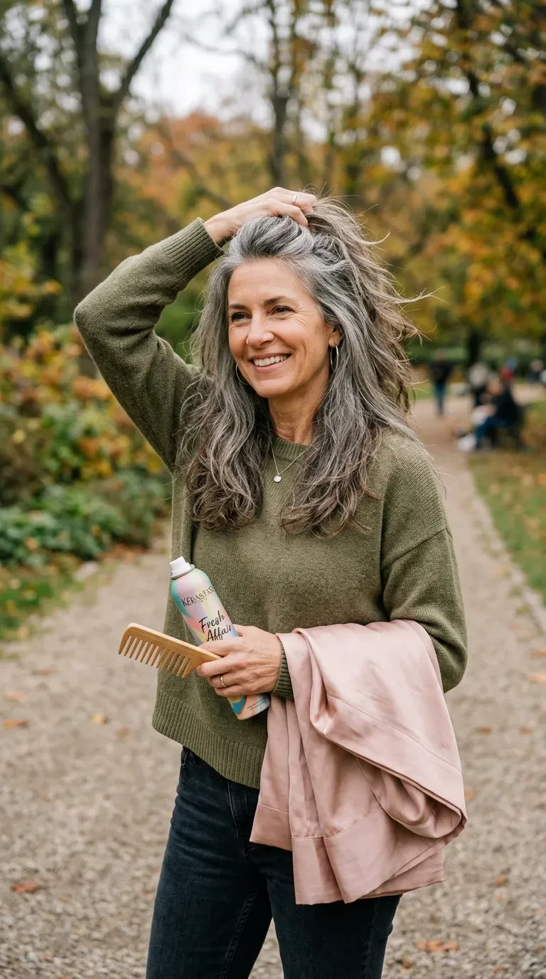 Woman over 50 running fingers through easy low-maintenance long layered hair
