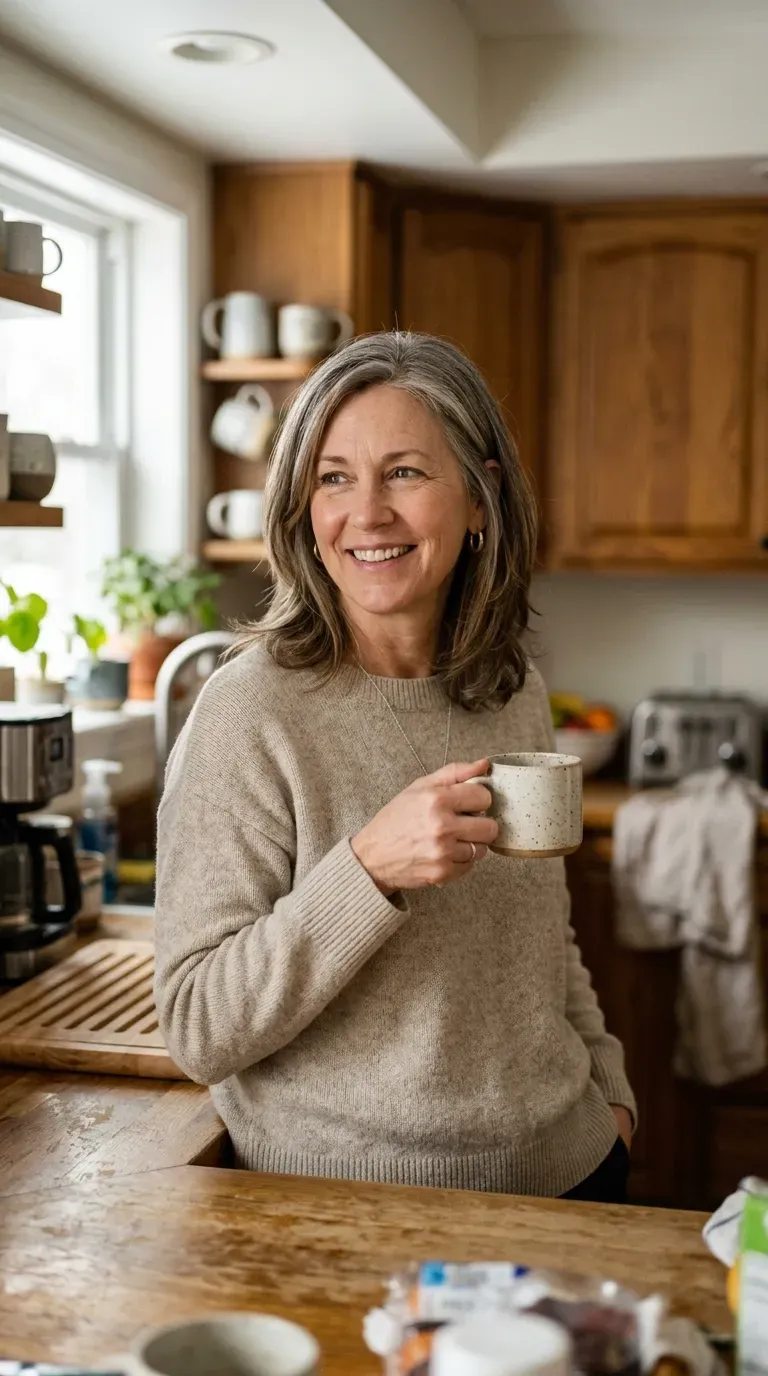 Mature woman with medium length layered hair styled simply for an easy morning routine