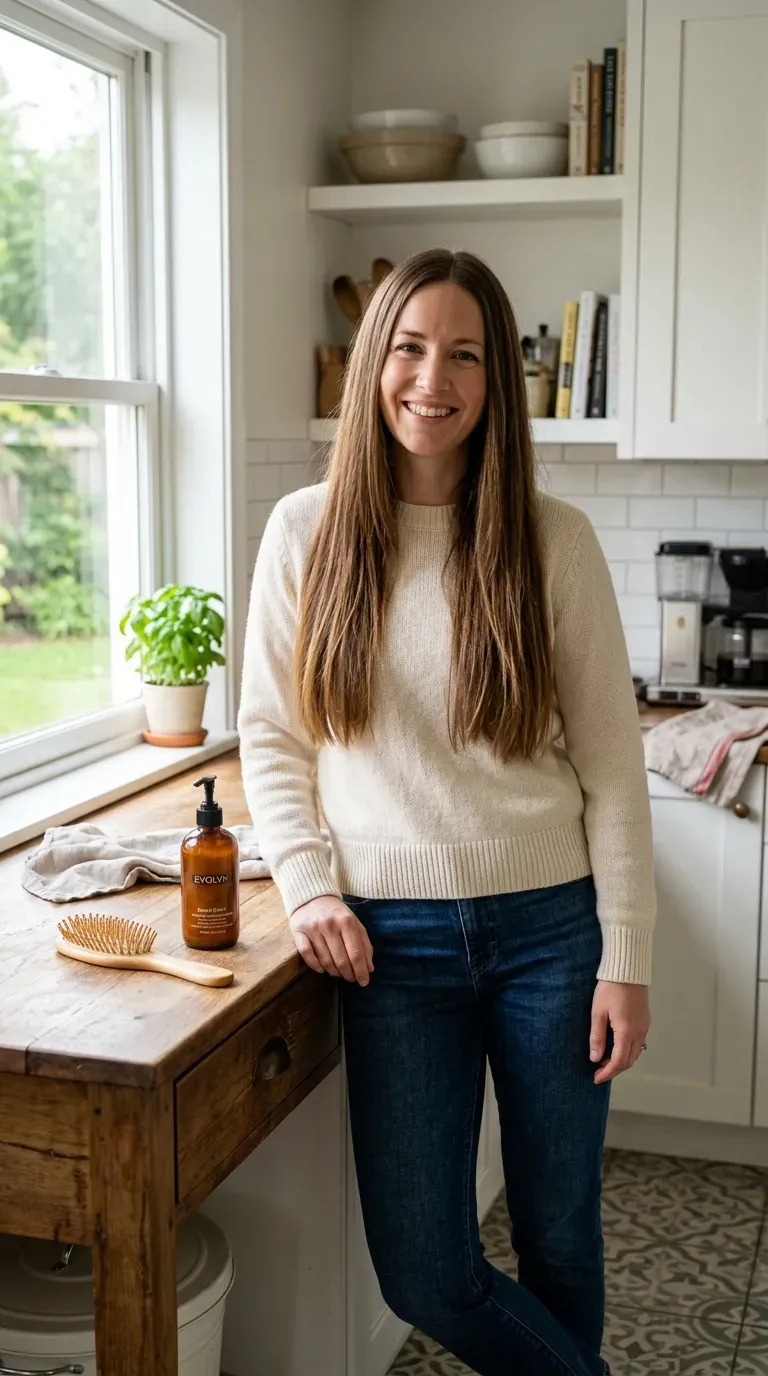 Woman with long straight hair featuring minimal one-length layering for easy upkeep