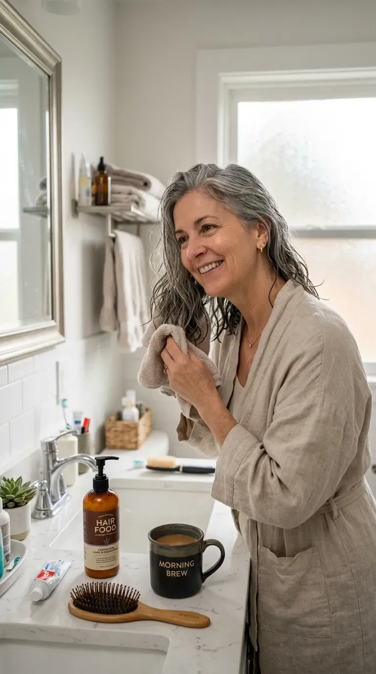 Woman over 60 with low-maintenance wash-and-go medium hairstyle