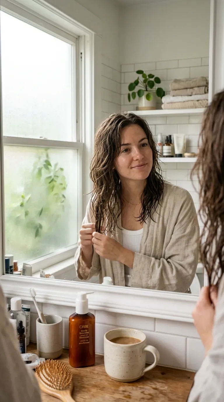 Woman over 40 with low-maintenance wash-and-go medium length layered hair