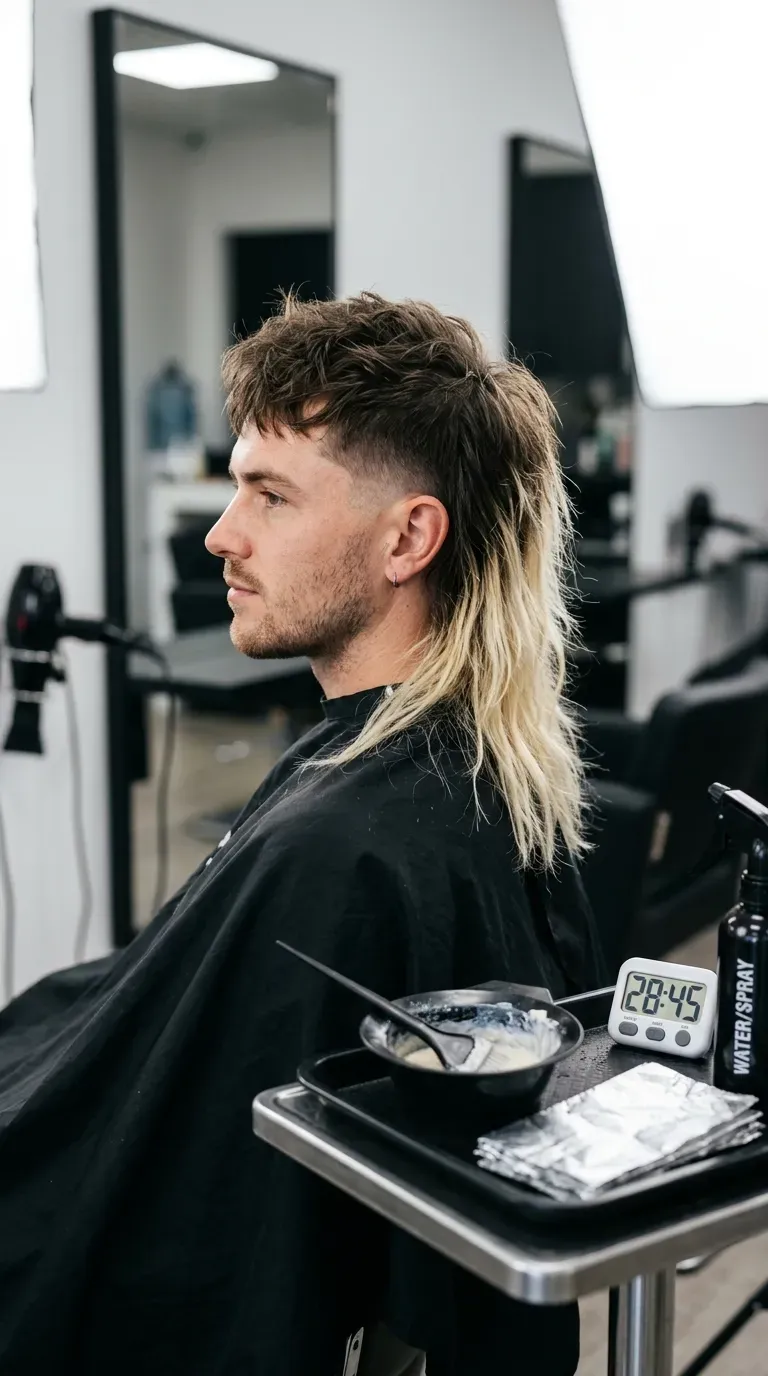 Mullet with bleached blonde tips contrasting darker roots and a low taper fade