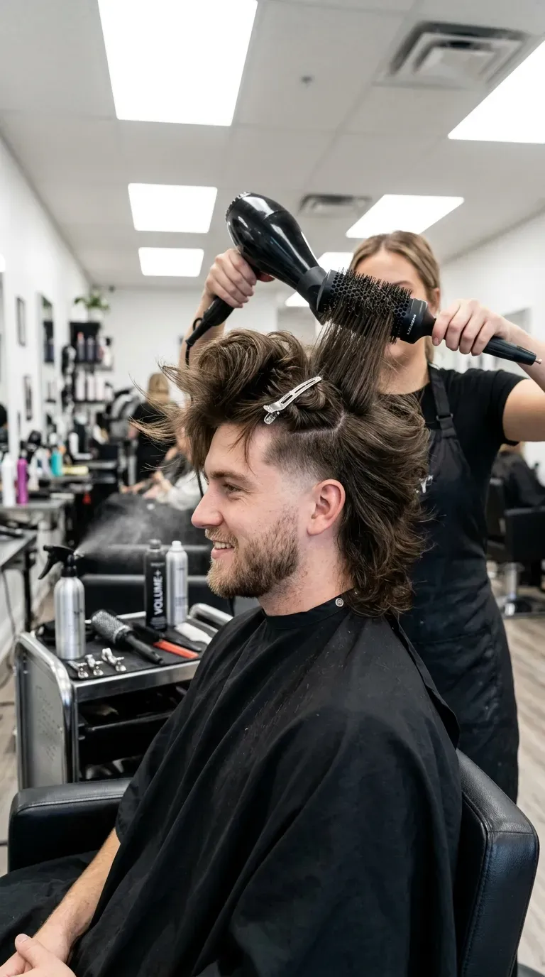 High-volume blowout mullet with lifted roots and a low taper fade