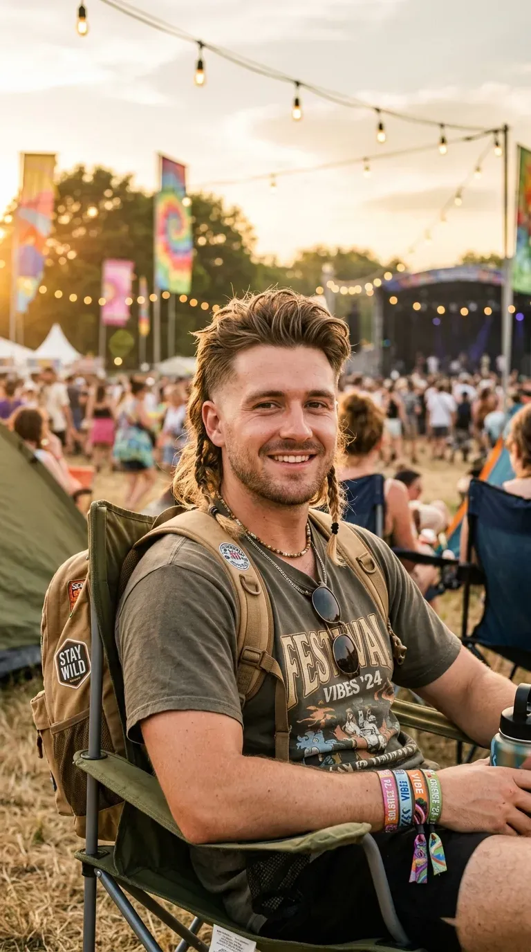 Mullet with small braids incorporated into the longer back section and a low taper fade