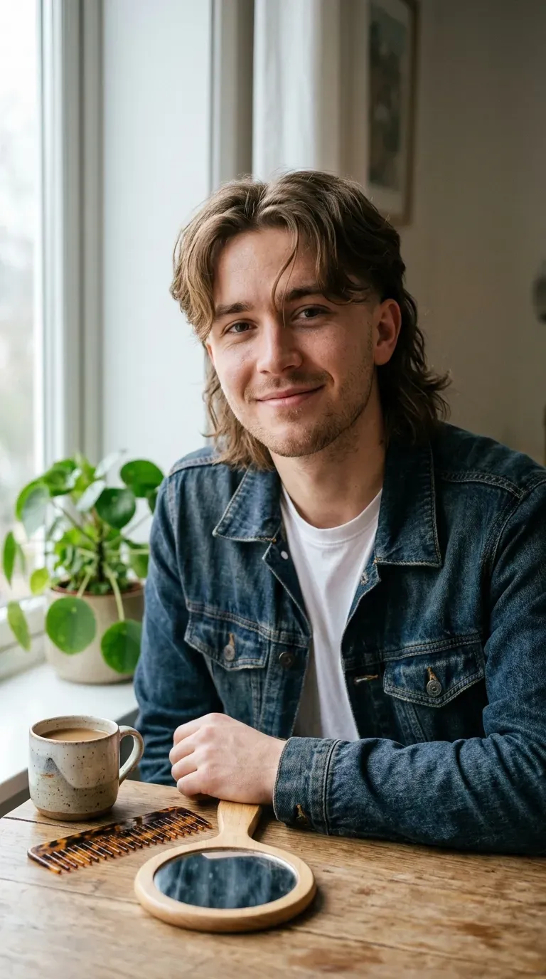 Mullet with center-parted curtain fringe framing the face and a low taper fade
