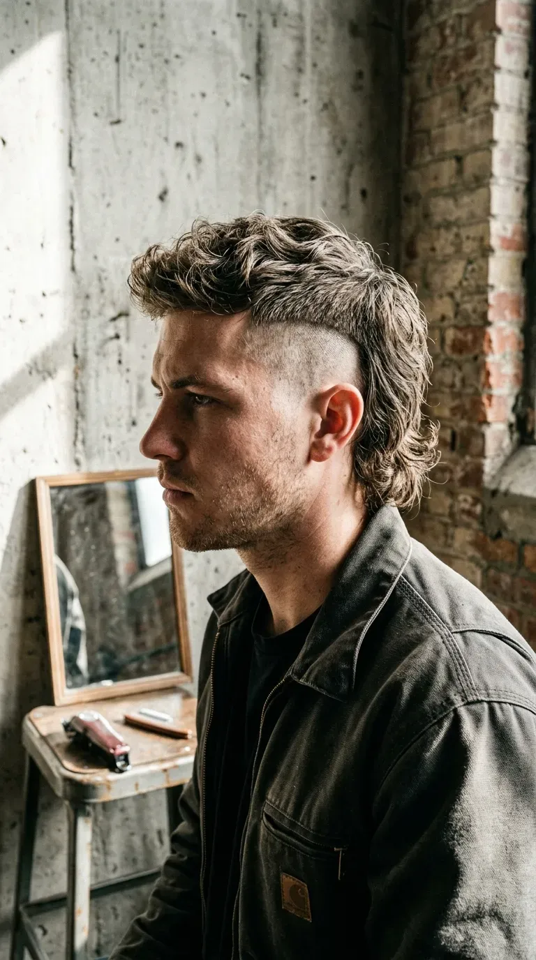 Disconnected undercut mullet with an abrupt length change and low taper fade