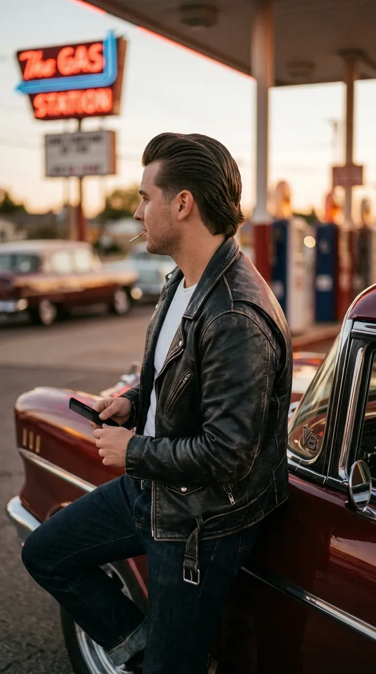 Ducktail mullet with hair swept back and pointed at the nape and a low taper fade