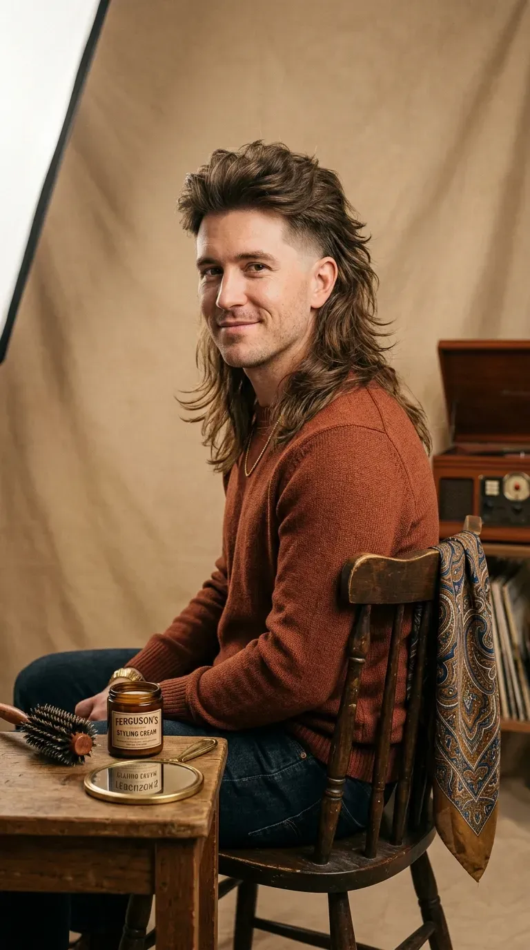 Long feathered mullet with soft flicked-out ends and a low taper fade
