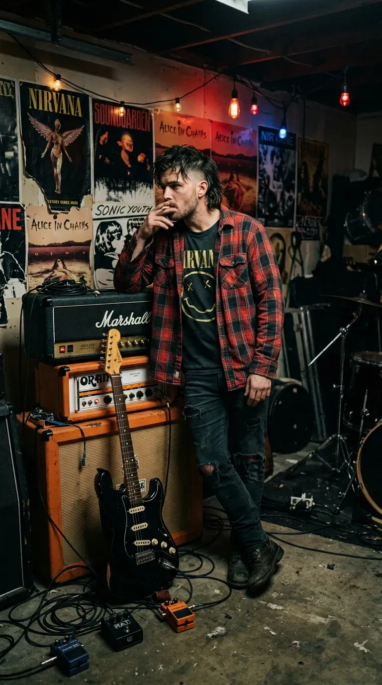 Grunge-style mullet with unkempt texture and a low taper fade