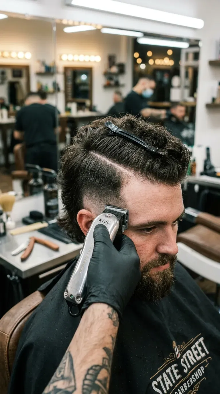 Mullet featuring a shaved hard part line combined with a low taper fade
