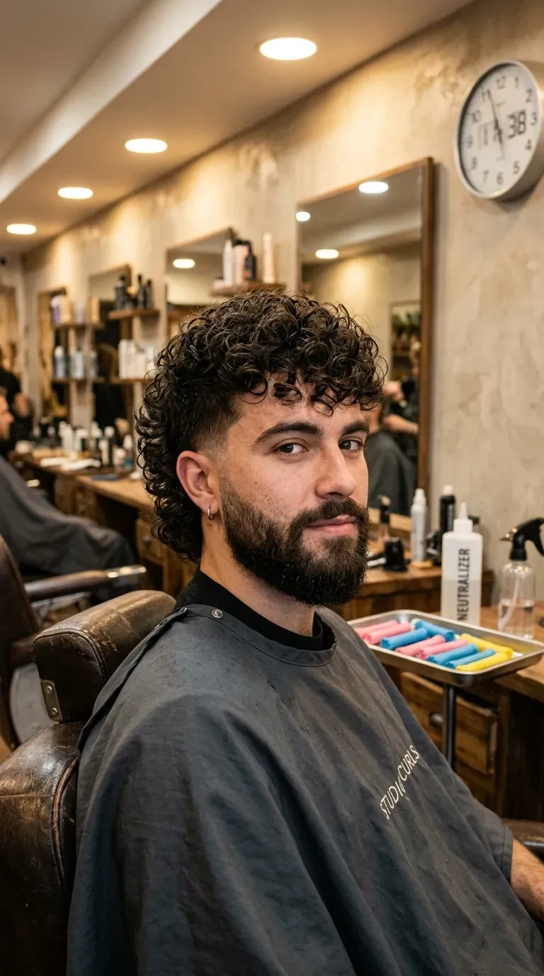 Permed mullet with tight curls added on top and a low taper fade