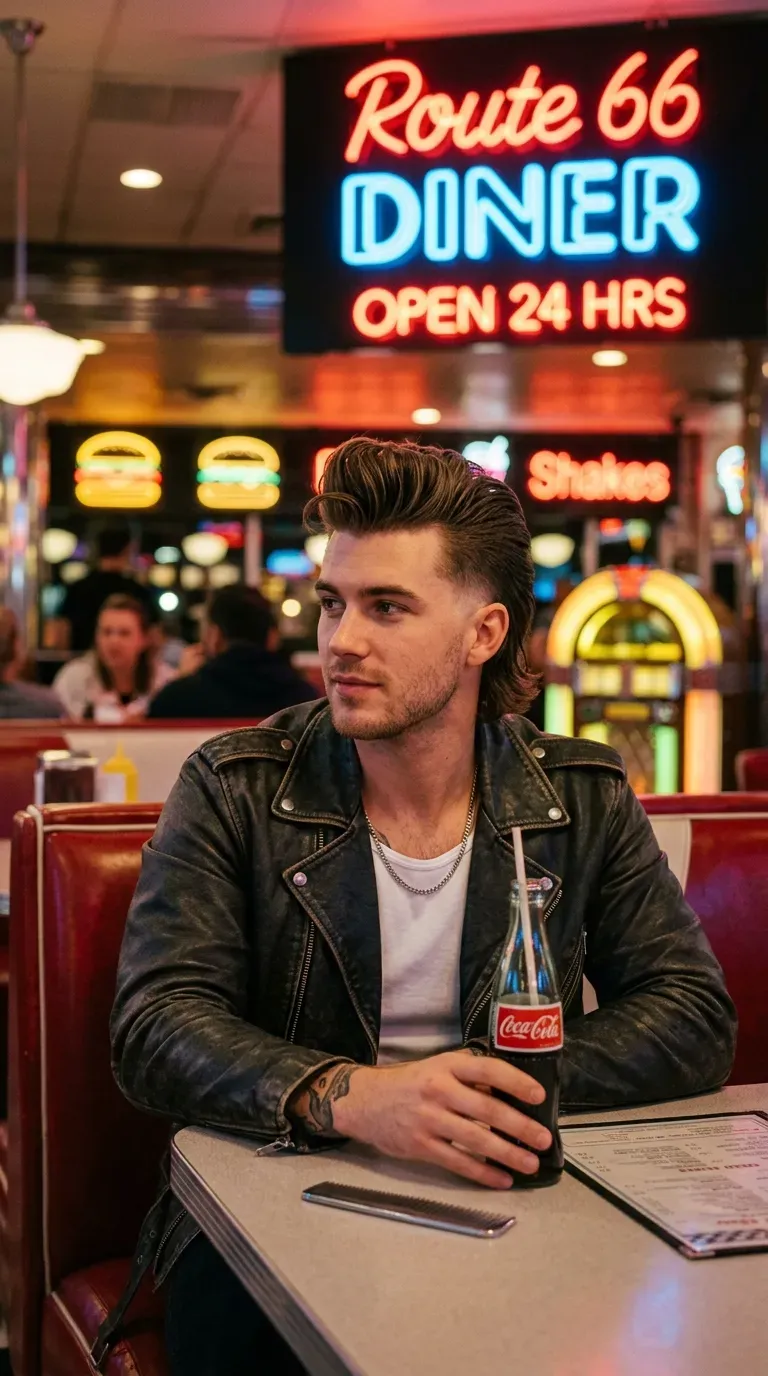 Pompadour mullet with voluminous swept-up front and low taper fade