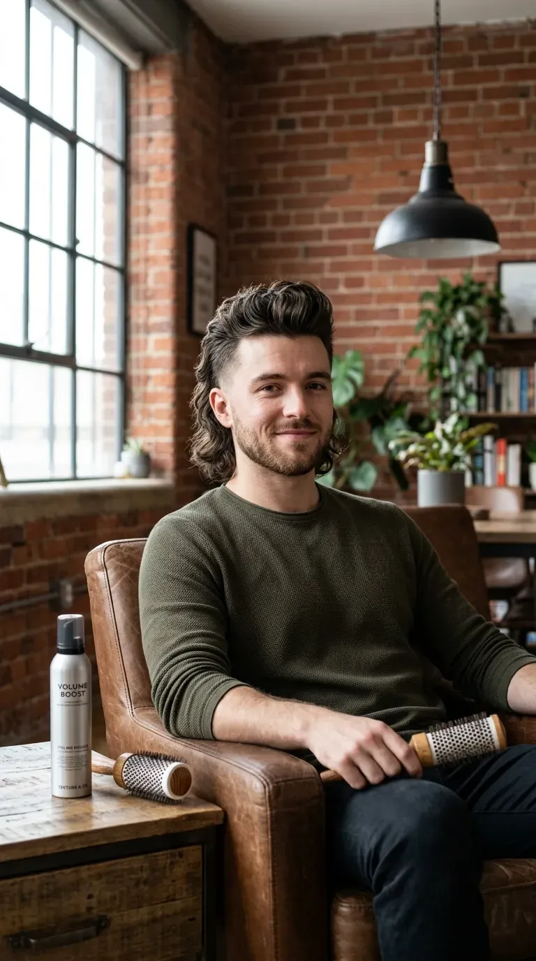Quiff mullet with lifted front volume and a low taper fade