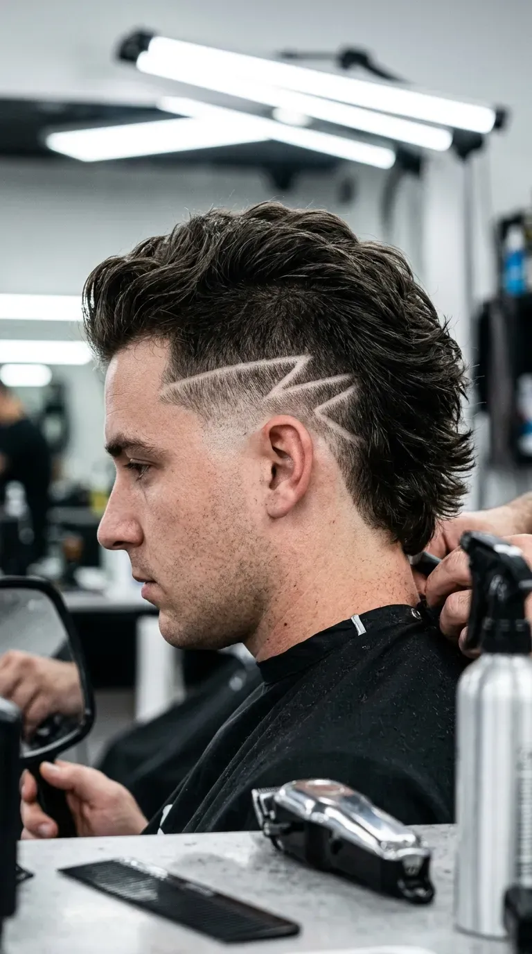 Mullet featuring a shaved geometric design within the low taper fade