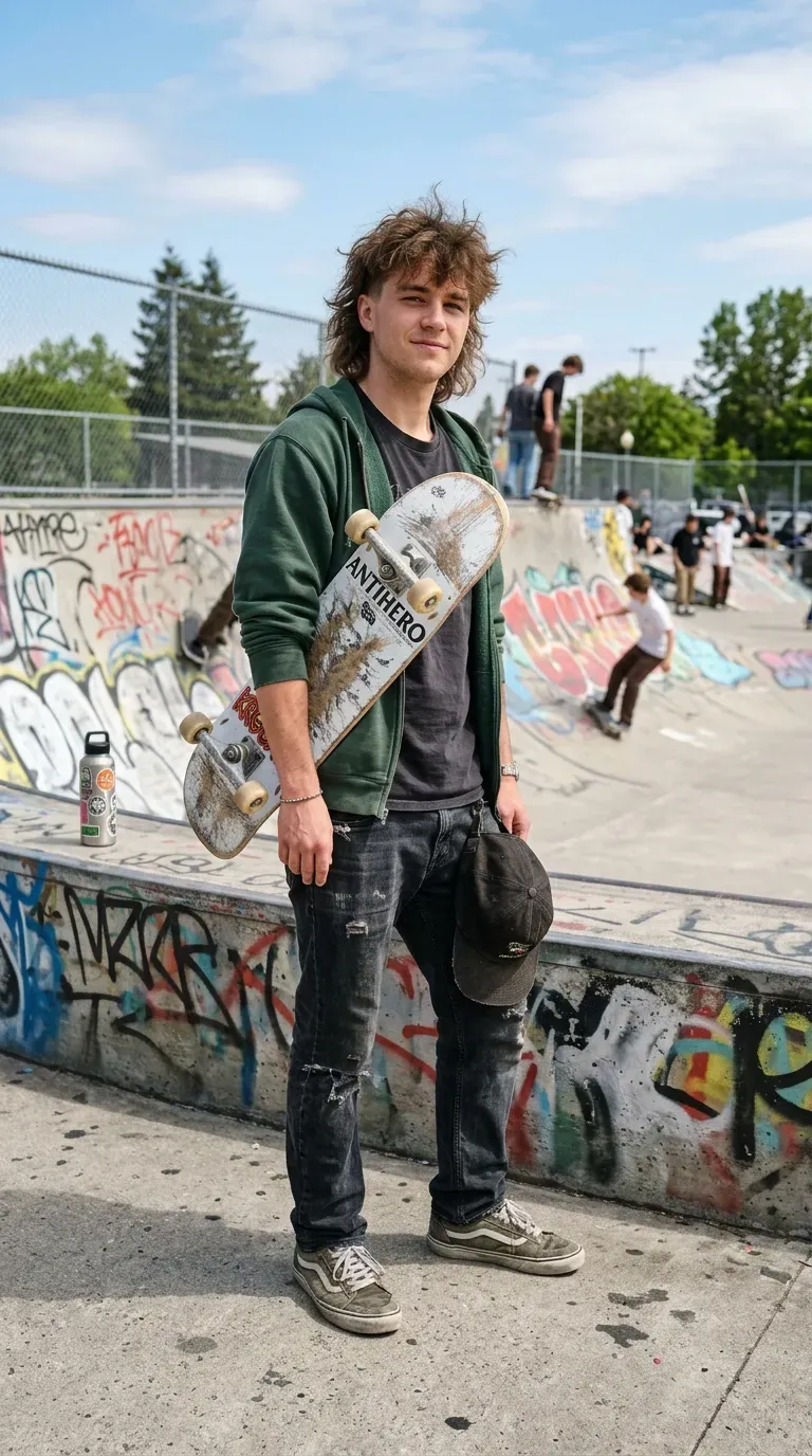 Shaggy skater-style mullet with tousled texture and a low taper fade